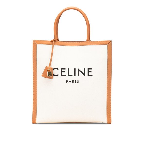 Celine Vertical Cabas Large Handbag Tote Bag in White and Brown Canvas Leathe... - Picture 1 of 15